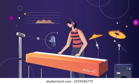 This creative vector illustration features a female musician playing a keyboard in a colorful music studio setup with futuristic elements, perfect for music themes, modern designs.