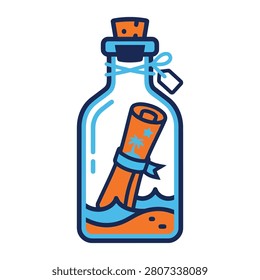 This creative vector illustration features a decorative message bottle containing a sealed scroll and resting on beach sand. The vibrant blue and orange color palette creates a fun nautical mood perfect for any maritime design project or travel related theme.