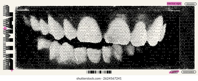 Diese kreative Arbeit zeigt einen detaillierten Zahnscan in einem Bitmap-Format präsentiert, reflektiert Elemente des Dadaismus und y2k-Ästhetik, die Dentalwissenschaft mit digitaler Kunst verschmelzen.