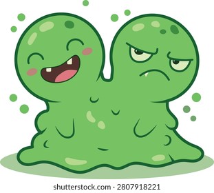 This creature is a singular, bright green, gelatinous blob that has split its form into two distinct, connected heads. Its body is amorphous and squishy. The heads display contrasting personalities: one side is broad-smilin and happy, while the other is furrow-browed and grumpy, showing a constant state of internal conflict. It has a single pair of simple eyes on each head and tiny, playful bubbles or slime spots floating around it.