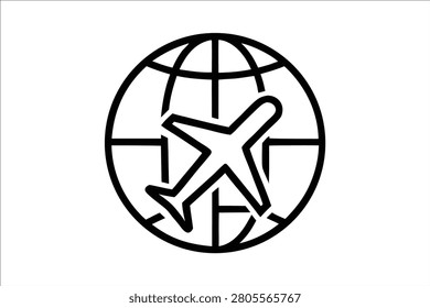 This crisp black outline vector icon beautifully illustrates an airplane in flight gracefully soaring across a stylized globe symbolizing comprehensive global travel international aviation and seamless worldwide transportation The minimalist design .