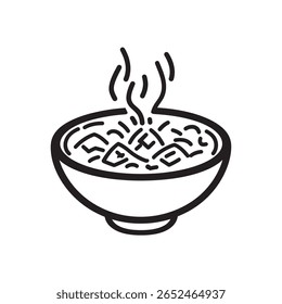 Este contorno nítido mostra uma tigela fumegante de caldo e macarrão. A tigela é redonda, com a sopa e o vapor indicados com linhas curvas em um contorno preto.