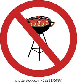 This crisp vector graphic depicts a universal no-grilling prohibition sign, featuring a bold red circle with a diagonal slash crossing over a detailed kettle barbecue grill. The grill illustration shows burning charcoal flames beneath steaks, mushrooms, and tomatoes cooking on a wire grate, clearly communicating strict outdoor fire safety policies. It serves as an ideal visual asset for public park rule boards, apartment complex balconies, nature reserve markers, and residential property safety signage.#NoGrilling #ProhibitionIcon #FireSafety #BarbecueBan #NoBBQ #VectorGraphic #PublicParks #WarningSymbols #OutdoorSafety #FacilitySignage