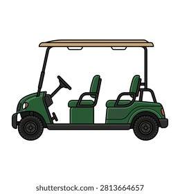 This crisp vector illustration showcases a vibrant green four-seater golf cart vehicle presented in a clean side profile view The electric buggy features a light beige roof and dark black seats offering a simple yet effective visual for leisure recr.
