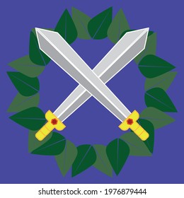 This is a crossed - swords logo. It consists of 2 swords which are surrounded by leaves. You can assume this vector as a war logo, protection logo, etc.