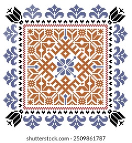 This cross-stitch design features a central floral motif in brown and blue, bordered by intricate patterns with floral accents. The pixelated look gives it a classic, handcrafted feel.
