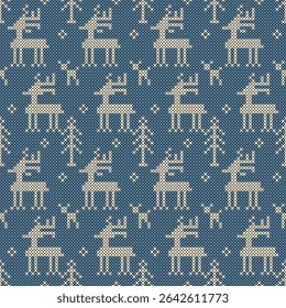 This cross-stitch pattern is a Scandinavian or Christmas style knitting pattern. It features a dark blue background and cream colored patterns. It is a winter sweater, reindeer, and fir tree.