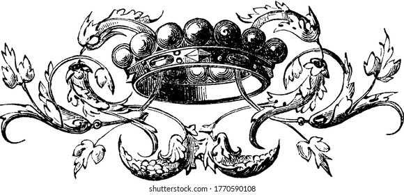 Se trata de un accesorio o decoración ornamental de la Corona y de vid, o gadget., dibujo de línea vintage o ilustración de grabado. 