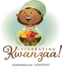 This culturally rich illustration represents the vibrant celebration of Kwanzaa, a week-long holiday observed annually from December 26 to January 1, honoring African-American heritage and African roots. The design captures the essence of the festival by depicting a person holding a bowl of fruit, symbolizing Mazao, which represents the crops and the fruits of collective labor. This symbolic imagery reflects the importance of community, productivity, and the rewards of shared effort during Kwanzaa, aligning with the principles of the Nguzo Saba.

The composition is thoughtfully arranged to highlight both the individual and the cultural significance of the elements. The figure is central to the artwork, conveying participation, celebration, and respect for tradition. The bowl of colorful fruits emphasizes abundance, prosperity, and the results of cooperative work, core themes of Kwanzaa. The vibrant colors and detailed depiction of the crops create an engaging and visually appealing focal point.

Kwanzaa was established to honor African heritage and reinforce communal values such as unity, self-determination, collective work, cooperative economics, purpose, creativity, and faith. The illustration embodies these principles by visually connecting the celebration to the symbolism of Mazao, emphasizing gratitude, togetherness, and cultural identity. The layout is balanced, ensuring clarity while maintaining the warmth and festive nature of the holiday.

This high-quality vector illustration is perfect for educational materials, cultural awareness campaigns, greeting cards, event posters, social media graphics, and promotional materials for festive celebrations. Its scalable format ensures sharpness and detail across various sizes, making it suitable for both digital and print applications. The open composition allows for additional text, branding, or contextual elements to be added without compromising the visual integrity.