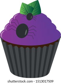 This is a cupcake with leaf and spiders. 