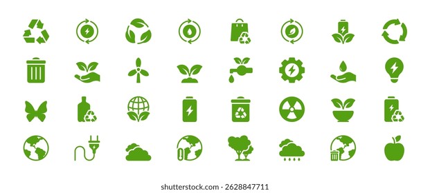 This curated collection of ecofriendly icons represents nature, recycling, and environmental protection. Perfect for promoting sustainability, these icons enhance any ecofocused project