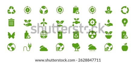 This curated collection of ecofriendly icons represents nature, recycling, and environmental protection. Perfect for promoting sustainability, these icons enhance any ecofocused project