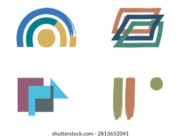 This curated collection of four boho-inspired abstract logo elements features a variety of textured, hand-drawn-style designs. The set includes a brush-stroke rainbow, a stack of interconnected geometric rhombuses, a layered square and triangle composition, and two simple vertical strokes with a dot. Rendered in an earthy color palette with organic textures, these versatile vector graphics are perfect for creating unique, modern, and artistic brand identities for creative businesses, lifestyle blogs, wellness brands, or any digital project that requires a touch of artisanal flair.

#BohoDesign #AbstractLogos #BrushStrokeArt #GeometricShapes #EarthyColors #BrandingElements #VectorGraphics #CreativeIdentity #ModernArt #DesignAssets