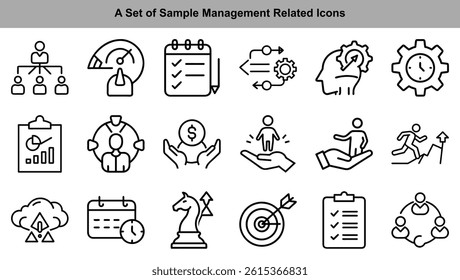This curated set of line icons effectively visualizes various aspects of efficient management, strategic planning, and business growth.