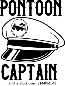 This cut file features an illustration of a captains hat with a pontoon boat emblem and text that reads pontoon captain.