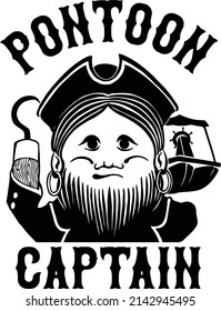 This cut file features a pirate with a hook arm and a pontoon in the background.