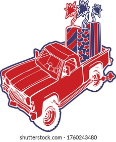 This cut file features a vintage bronco 4x4 colored in red white and blue carrying some firecrackers in back.  