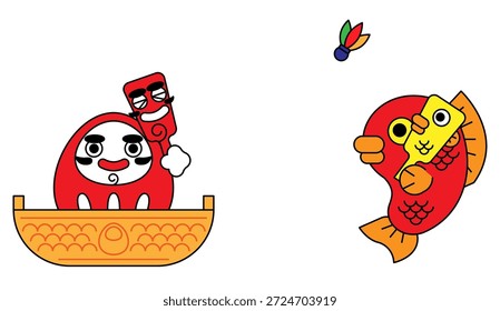 Esta es una linda y auspiciosa ilustración de un personaje de una muñeca Daruma y un besugo en un estilo pop.
