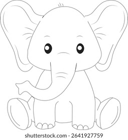 This cute baby elephant is shown sitting calmly with its legs spread out and trunk slightly curled. Its wide eyes and big ears add an innocent charm, perfect for children's books or nursery art.