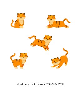 This is a cute baby tiger character in different poses isolated on a white background. Vector set of tigers.