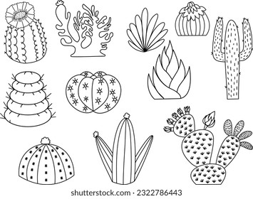 This is a cute cactus doodle drawing. It shows different types of cacti with flowers, spikes, and shapes.. Express your love for cactus plants and nature.