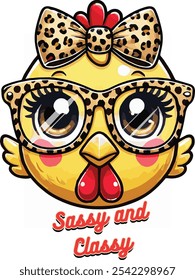 This cute cartoon chicken design features leopard-print glasses and a bow, capturing a "Sassy and Classy" vibe. Perfect for T-shirts, kids' apparel, and more, adding fun and style to any product.