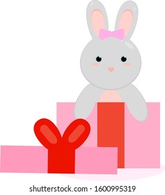 This is cute cartoon hare in box on white background. Cartoon illustration in flat style. Easter bunny in white isolation. Outline vector rabbit isolated on white background.