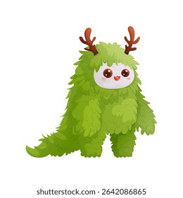This is a cute cartoon illustration of a furry, green monster with brown antlers and a friendly face. Perfect for childrens books and fantasy themed content.