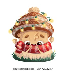 This cute cartoon mushroom with a bright scarf and colorful lights is ideal for holidaythemed designs