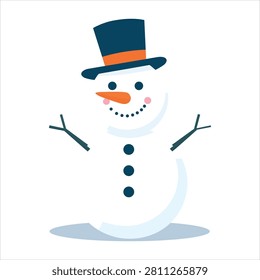 This cute cartoon snowman illustration features a classic top hat, orange carrot nose, rosy cheeks, stick arms, and coal buttons, perfect for festive winter designs.
