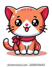 
This is a cute cartoon style vector illustration of a cat with orange fur having a cheerful expression with a red scarf around its neck adding a warm and friendly feel.