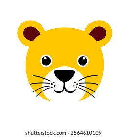 This cute cartoon-style illustration features the face of a lion with a yellow head, white muzzle, black nose, black whiskers, and large round eyes with black pupils.