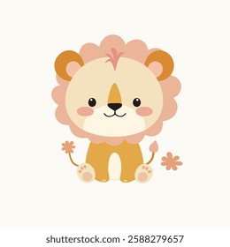 This cute cartoon-style illustration features a lion with a light beige face, a darker beige mane, and a tuft of hair on top of its head. The lion has a darker beige body and is sitting down.