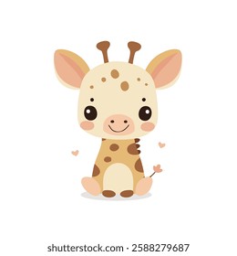 This cute cartoon-style illustration features a baby giraffe sitting down with a smiling expression and large round eyes. The giraffe has small blush marks on its cheeks, two small ossicones