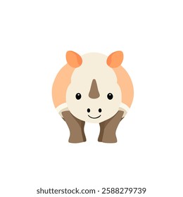 This cute cartoon-style illustration features a light beige rhinoceros with orange ears and a small horn on its forehead. The rhinoceros has simple, black eyes and a small smile.