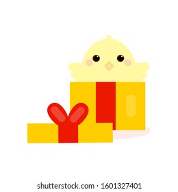 This is cute chicken in gift box. Outline vector chick isolated on white background. Could be used for flyers, banners, postcards, holidays decorations and etc.