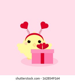 This is cute chicken in hair hoop with  heart and gift box. Outline vector chick isolated on pink background. Could be used for flyers, banners, postcards, holidays decorations.