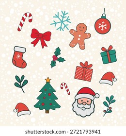 This cute Christmas icons pattern background features adorable holiday illustrations such as Santa Claus, Christmas tree, gingerbread cookies, candy canes, gift boxes, snowflakes, and ornaments. Ideal for Christmas websites, holiday promotions, seasonal content, banners, wallpapers, and festive graphic design projects that need a warm and joyful winter feeling.