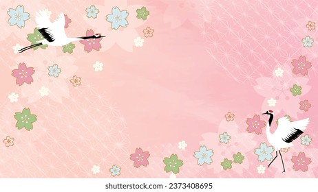 This is a cute and congratulatory background frame illustration of a Japanese pattern featuring cranes and cherry blossoms.