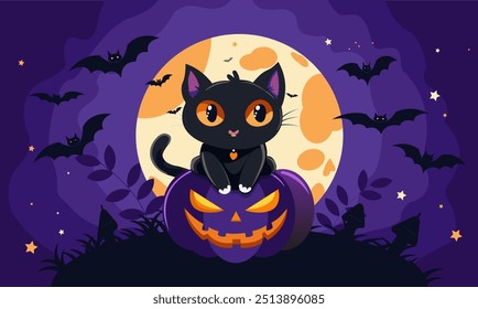 This cute dark Halloween illustration with a cat, moon, and pumpkins. Perfect for kids and Halloween fun!