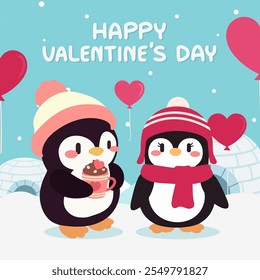 Esta linda ilustración del Día de San Valentín presenta a una adorable pareja de pingüinos disfrutando de una escena invernal nevada con globos en forma de corazón, sombreros acogedores y un ambiente festivo dulce. 