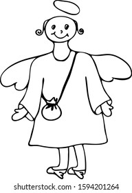 This is a cute drawing of an angel. Isolated on a white background. Stock vector illustration. Black and white graphics. Coloring book.  Hand drawn. 