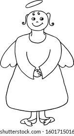 This is a cute drawing of an angel. Isolated on a white background. Stock vector illustration. Black and white graphics. Minimalism. Hand drawn. Coloring book