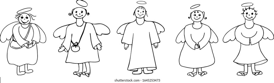 This is a cute drawing of five angels. Isolated on a white background. Stock vector illustration. Black and white graphics. Minimalism. Coloring book
