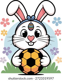 This cute Easter Bunny Soccer mascot illustration features a cheerful white rabbit holding an orange and black soccer ball, set against a background of colorful spring flowers.