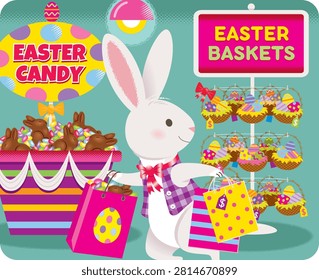 This cute Easter shopping vector illustration features a cheerful cartoon bunny character exploring a festive holiday market filled with sweet treats, chocolate bunnies, decorated eggs, and colorful Easter baskets. The artwork showcases a fun “EASTERS CANDY” section with delicious chocolate treats and a dedicated “EASTERS BASKETS” display rack, representing seasonal shopping, holiday celebrations, gift ideas, and spring festival traditions.

The illustration captures the excitement of Easters preparation through a playful cartoon design. A friendly bunny character is shown shopping for Eastertide goodies, creating a warm and joyful atmosphere suitable for children, families, and holiday-themed creative projects. The combination of adorable characters, colorful products, and festive decorations makes this vector artwork perfect for Eastertide marketing, greeting cards, advertisements, packaging, and seasonal promotions.

The central theme of this illustration is Eastertide shopping and holiday preparation. Eastertime is a celebration associated with happiness, family gatherings, springtime, and traditional symbols such as rabbits, eggs, chocolates, and gift baskets. This artwork brings these elements together in a charming buying environment where customers can discover festive treats and decorations.

The EASTER CANDY section highlights one of the most popular traditions of Eastertime celebrations. Chocolate bunnies, colorful sweets, and holiday candies are commonly enjoyed by children and adults during the Eastertime season. The candy display in this illustration represents the excitement of selecting special treats for family members, friends, and loved ones.

The EASTER BASKETS display rack represents another important festival tradition. Eastertime baskets are often filled with chocolates, decorated eggs, toys, flowers, and small gifts. They symbolize kindness, sharing, and the joy of giving.