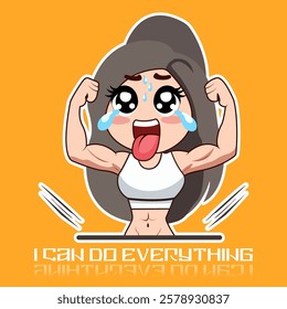 This is a cute and energetic cartoon-style illustration of a strong girl with long gray hair, flexing her muscles and sweating. She looks excited, with tears of effort and determination. The text says