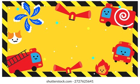 This is a cute frame illustration of a construction site surrounded by disaster prevention motifs.