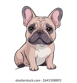 This cute French bulldog cartoon vector features an adorable puppy with big ears and sad eyes, sitting calmly on a white background. 