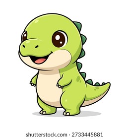 Esta es una ilustración de dibujos animados lindo y amigable de un dinosaurio bebé. Es un gran activo para libros para niños, materiales educativos o cualquier cosa que necesite un toque de encanto prehistórico. El dinosaurio es verde, con un vientre crema y contornos negros. Tiene una expresión feliz.